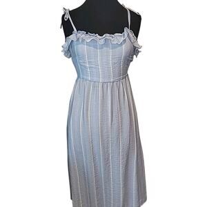 BCBG Blue Striped Ruffle Midi Dress XS Romantic